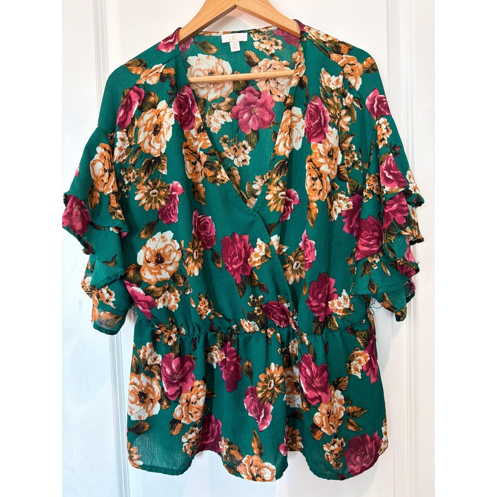 Cato Women Green Floral Ruffle Sleeve Peplum Wrap Top 2X L3917H79F92X